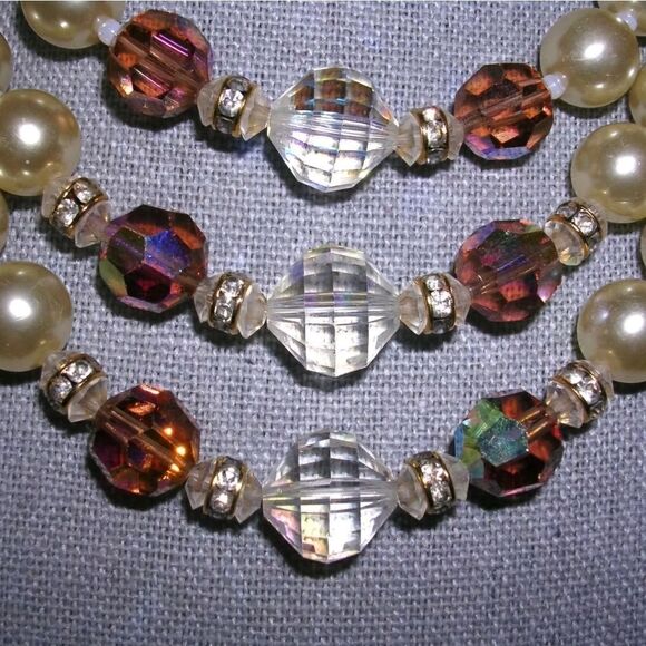 Vendome Vintage Amber & Clear Aurora Borealis Faux Pearls 3 Strand Bead Necklace - Picture 3 of 6
